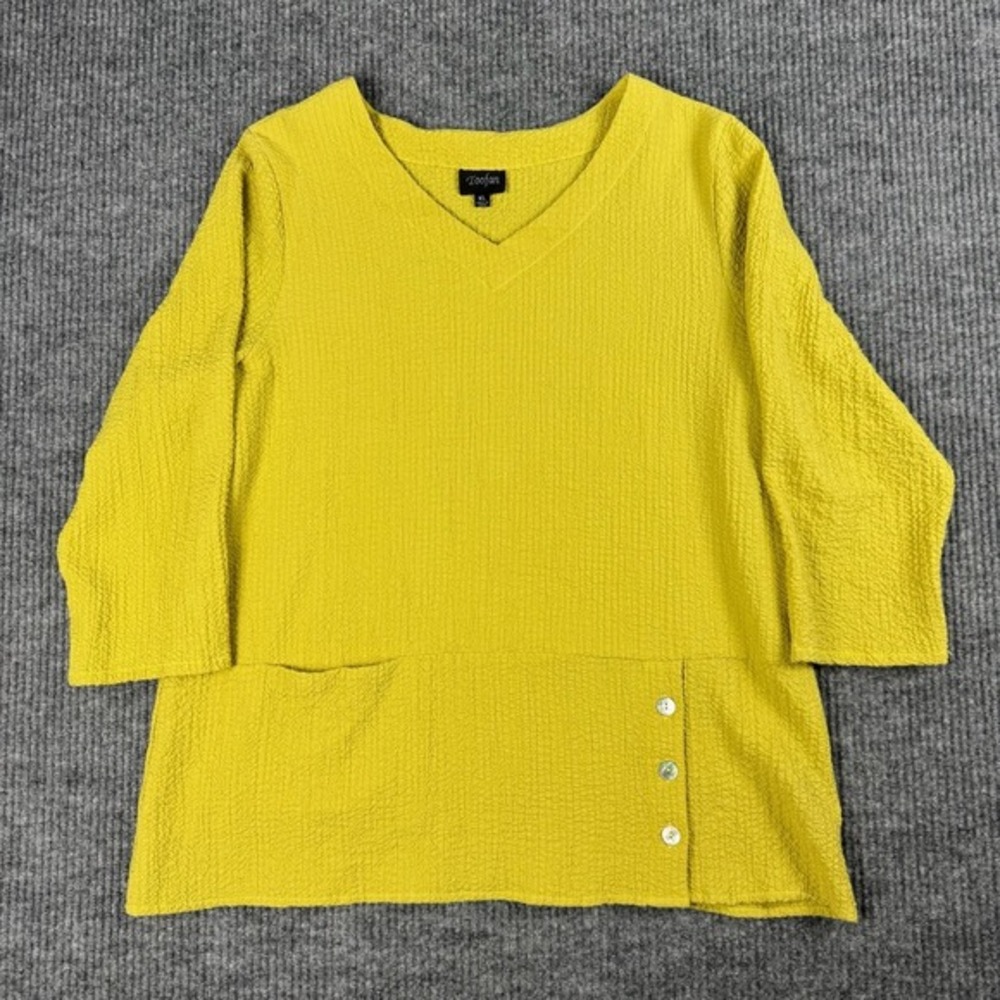 Toofan‎ Blouse Tunic Womens XL Chartreuse Green Lagenlook V Neck Pockets Boho